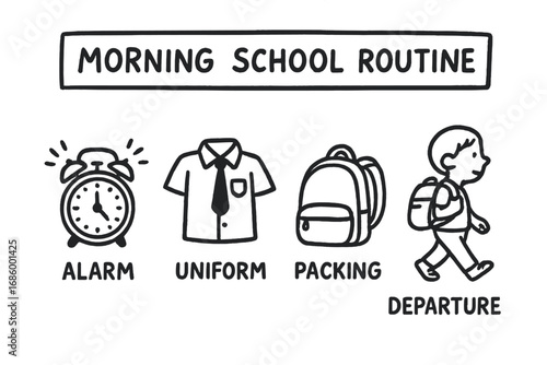 Morning Routine Icons. Morning school routine chart doodle set: hand drawn icons for alarms, uniforms, packing, and departure,