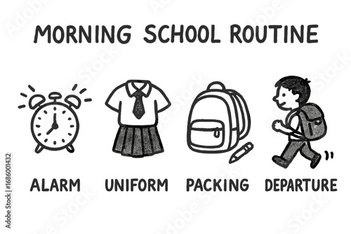 Morning Routine Icons. Morning school routine chart doodle set: hand drawn icons for alarms, uniforms, packing, and departure,