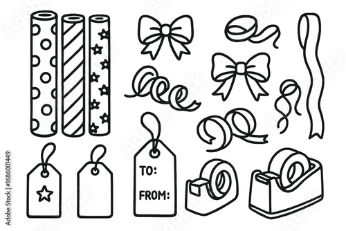 Holiday Wrapping Icons. Holiday wrapping station doodle set: hand drawn icons for gift wrap rolls, ribbons, tags, and tape