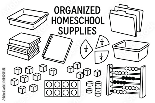 Homeschool Supplies Doodle Set. Organized homeschool supplies doodle set: hand drawn icons for trays, books, folders, and