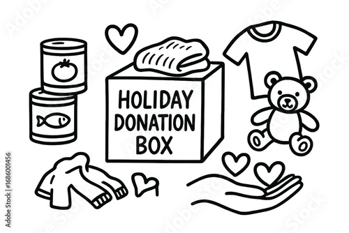 Holiday Donation Doodles. Holiday donation box doodle set: hand drawn icons for food cans, clothes, toys, and giving hearts,
