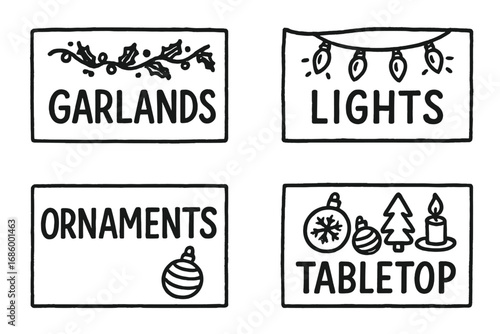 Christmas Decor Doodles. Christmas decor bin labels doodle set: hand drawn icons for garlands, lights, ornaments, and tabletop