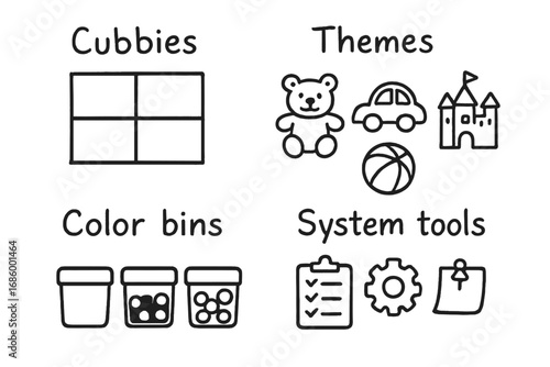Toy Shelf Doodle. Toy shelf layout doodle set: hand drawn icons for cubbies, themes, color bins, and system tools, isolated