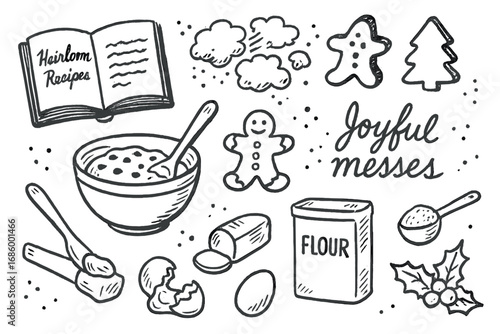 Holiday Baking Icons. Holiday baking traditions doodle set: hand drawn icons for heirloom recipes, flour clouds, and joyful messes