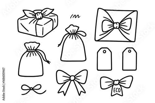 Eco-Friendly Gift Wrap. Reusable gift wrap doodle set: hand drawn icons for cloth, drawstring bags, tags, and eco ribbons,