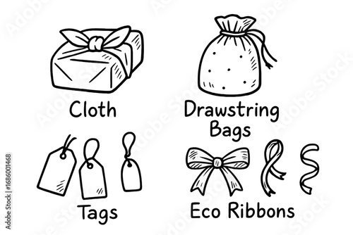 Eco-Friendly Gift Wrap. Reusable gift wrap doodle set: hand drawn icons for cloth, drawstring bags, tags, and eco ribbons,