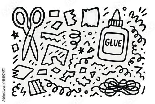 Craft Night Icons. Craft night with kids doodle set: hand drawn icons for scissors, paper scraps, glue, and creative clutter,