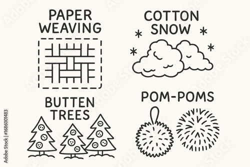 Winter Craft Icons. Winter quiet crafts doodle set: hand drawn icons for paper weaving, cotton snow, button trees, and pom-poms,