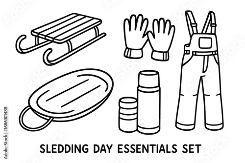 Sledding Day Essentials. Sledding day essentials doodle set: hand drawn icons for sleds, gloves, snowpants, and thermoses,