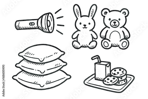 Sleepover Essentials Doodle Set. First sleepover doodle set: hand drawn icons for flashlights, stuffed animals, pillow piles, and
