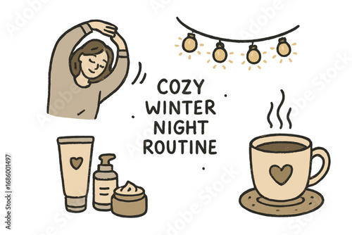 Cozy Winter Doodle Set. Cozy winter night routine doodle set: hand drawn icons for stretching, warm lights, skin care, and hot tea