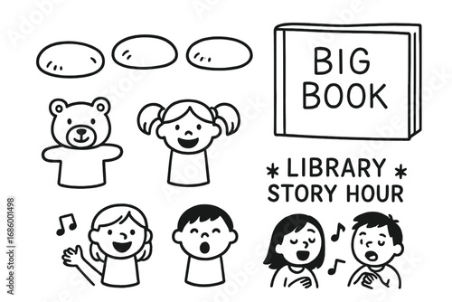 Library Story Hour. Library story hour doodle set: hand drawn icons for floor cushions, big books, puppets, and sing-along moments