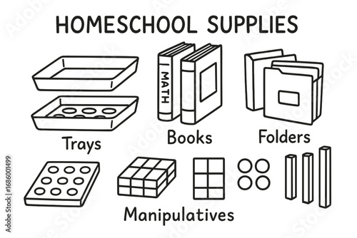 Homeschool Supplies Doodle Set. Organized homeschool supplies doodle set: hand drawn icons for trays, books, folders, and