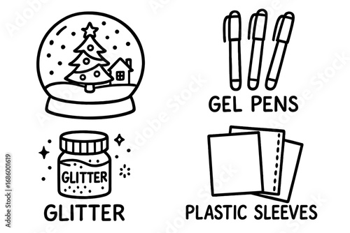 Snow Globe Kit. Snow globe coloring kit doodle set: hand drawn icons for outlines, gel pens, glitter, and plastic sleeves,