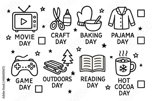 Winter Activity Doodle Set. Winter break activity calendar doodle set: hand drawn icons for themed days, icons, stars, and