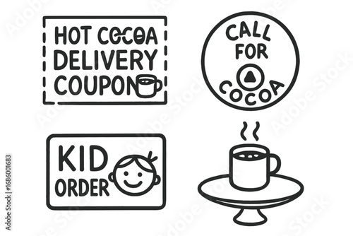 Hot Cocoa Doodle Set. Hot cocoa delivery coupon set doodle set: hand drawn icons for pretend coupons, call buttons, kid orders,