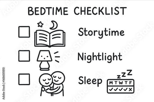 Bedtime Checklist Doodles. Children’s bedtime checklist doodle set: hand drawn icons for storytime, nightlight, hugs, and sleep