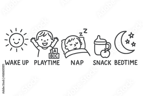 Toddler's Daily Routine. Toddler daily schedule doodle set: hand drawn icons for wake up, playtime, nap, snack, and bedtime,