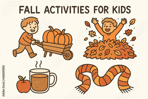 Autumn Kids Doodle Set. Fall activities for kids doodle set: hand drawn icons for pumpkin picking, leaf piles, apple cider, and