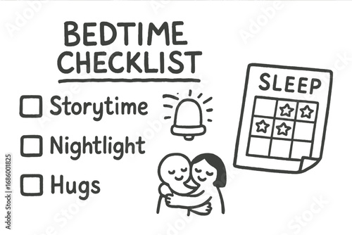 Bedtime Checklist Doodles. Children’s bedtime checklist doodle set: hand drawn icons for storytime, nightlight, hugs, and sleep