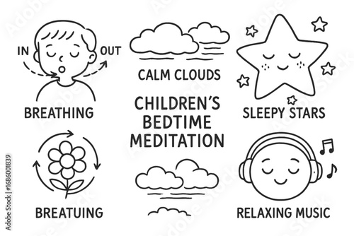 Bedtime Meditation Doodles. Children’s bedtime meditation doodle set: hand drawn icons for breathing guides, calm clouds, sleepy