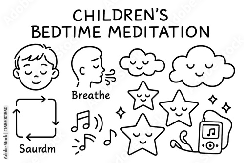 Bedtime Meditation Doodles. Children’s bedtime meditation doodle set: hand drawn icons for breathing guides, calm clouds, sleepy