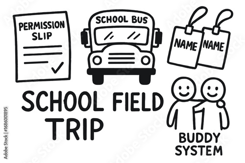 Field Trip Doodle Set. School field trip doodle set: hand drawn icons for permission slips, school bus, name tags, and buddy