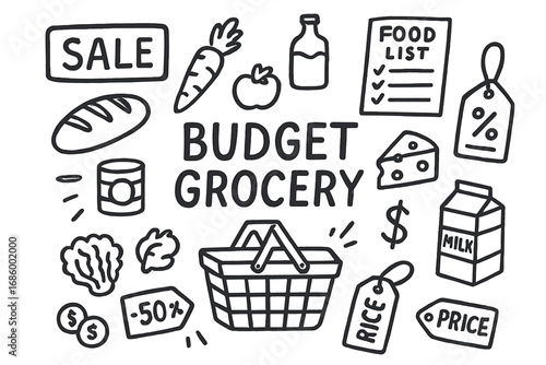 Budget Grocery Icons. Budget grocery doodle set: hand drawn icons for sales, store flyers, food lists, and price tags, isolated