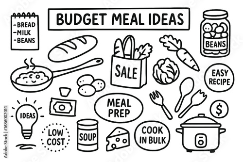 Budget Meal Doodles. Budget meal ideas doodle set: hand drawn icons for affordable cooking and grocery hacks, isolated transparent
