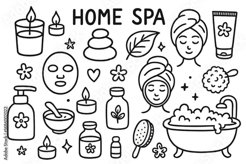 Home Spa Doodle Icons. Home spa doodle set: hand drawn icons for self-care, candles, face masks, and bath rituals, isolated
