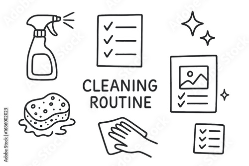 Cleaning Icons Doodle. Cleaning routine doodle set: hand drawn icons for spray bottles, checklists, sponges, and tidy habits,