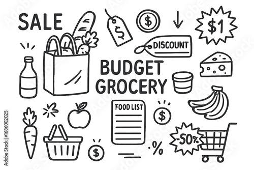 Budget Grocery Icons. Budget grocery doodle set: hand drawn icons for sales, store flyers, food lists, and price tags, isolated