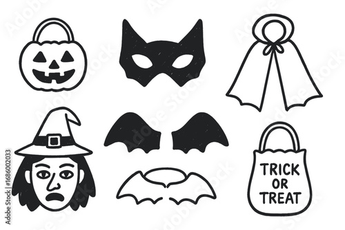 Halloween Costume Doodles. Kids Halloween costume doodle set: hand drawn icons for masks, capes, wings, and treat bags, isolated