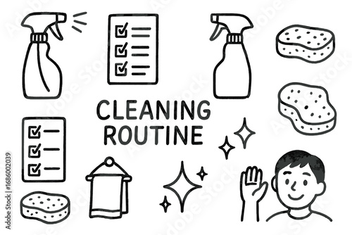 Cleaning Icons Doodle. Cleaning routine doodle set: hand drawn icons for spray bottles, checklists, sponges, and tidy habits,