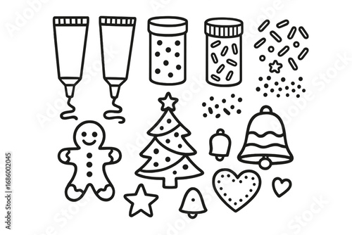 Festive Cookie Doodle Set. Holiday cookie decorating doodle set: hand drawn icons for icing tubes, sprinkles, and festive shapes,