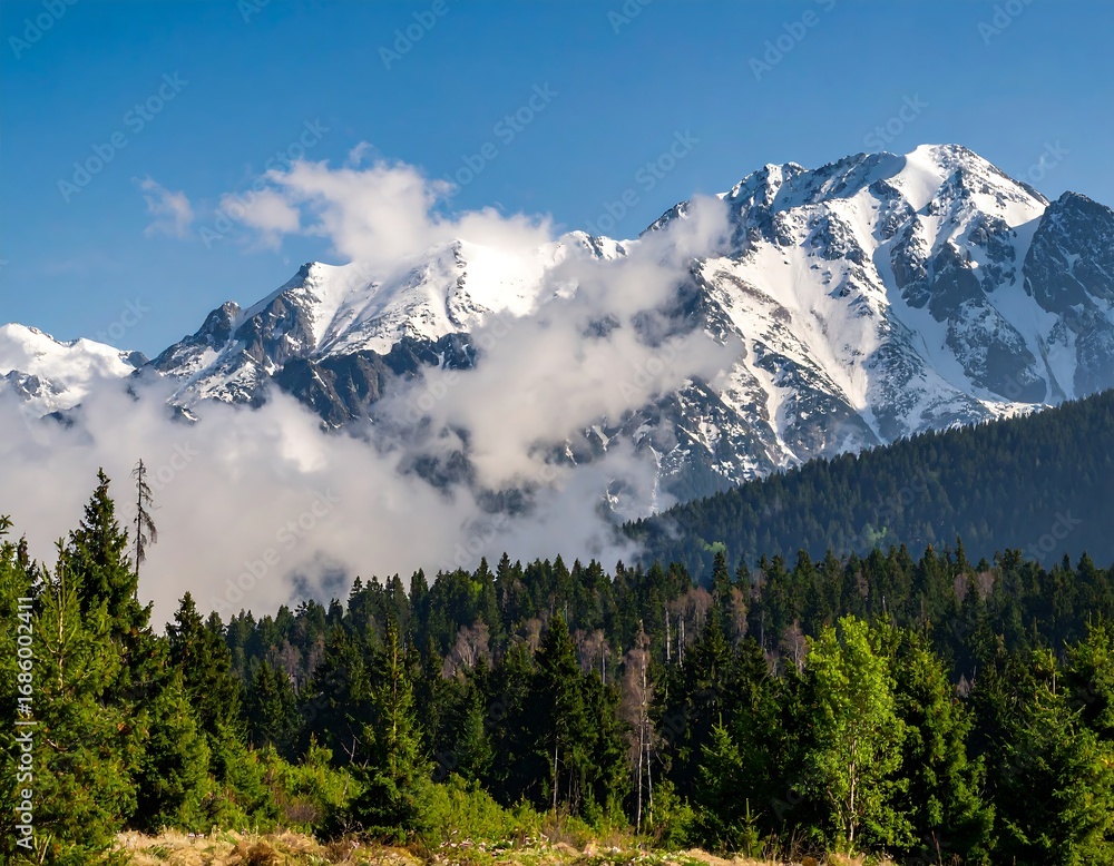 Fototapeta premium Snowy mountain range with clouds and forest