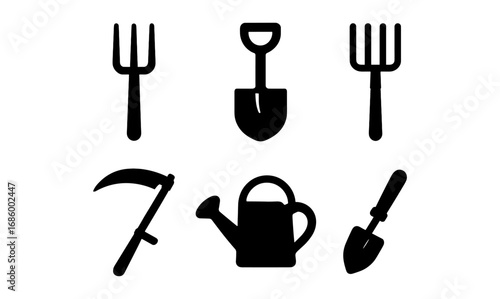 Silhouette gardening tools set: fork, shovel, watering can, and sickle design icons