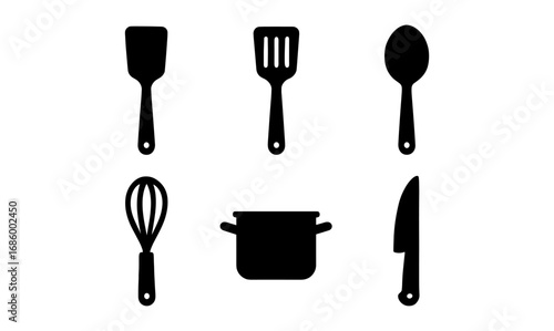 Silhouette kitchen tools set: modern black icons for cooking and baking