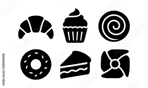 Silhouette icons of croissant, cupcake, donut, and pie for bakery themes
