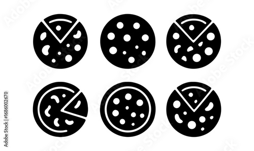 Pizza icons set: modern silhouette style with toppings and slices