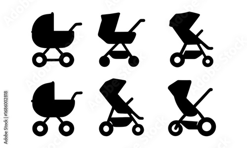 Silhouette collection of vintage and modern baby strollers in various designs