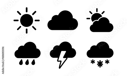 Minimalist weather icons: sun, cloud, rain, storm, snow
