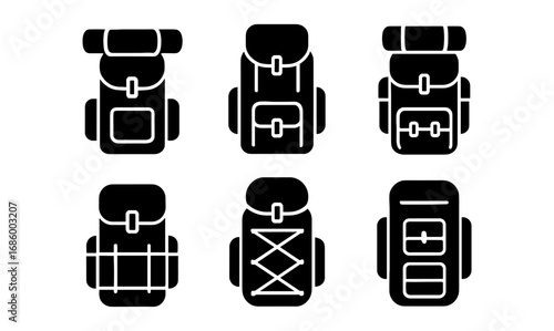 Set of silhouette backpack icons for hiking and camping design projects