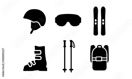 Minimalist skiing gear icons set: helmet, goggles, skis, boots, poles, backpack