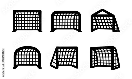 Set of six silhouette hockey goals in various shapes and angles