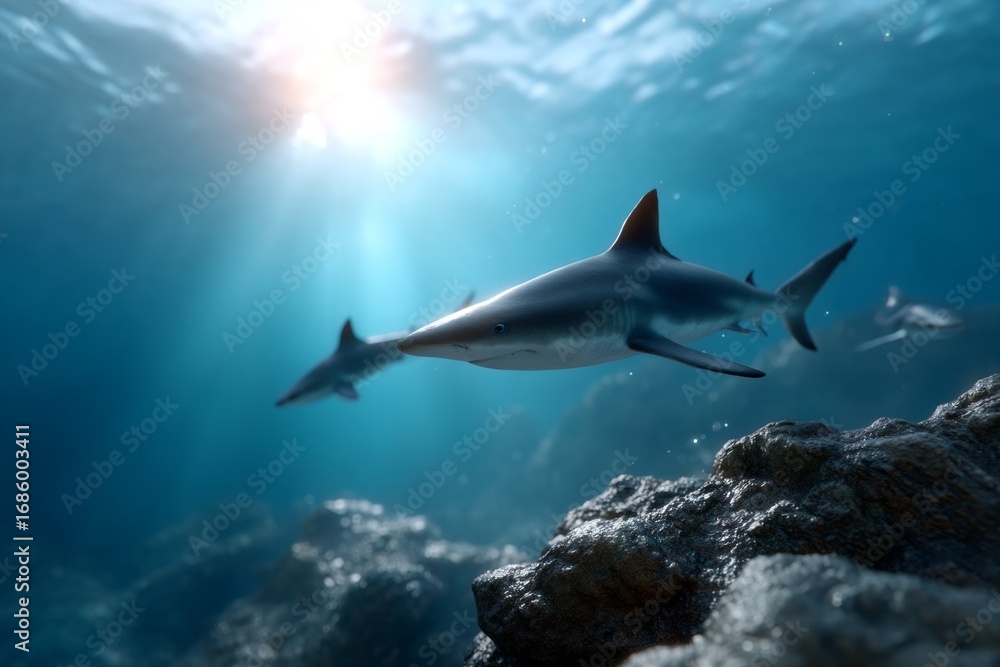 Fototapeta premium Sharks swimming through sunlit ocean depths