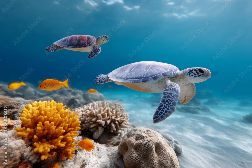 Fototapeta premium Vibrant marine life with sea turtles and colorful fish in coral reef
