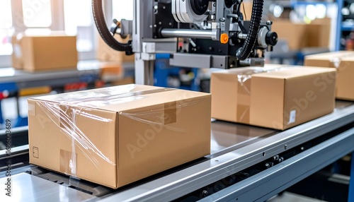 Cardboard boxes moving on a conveyor belt in a factory.  Modern automated packaging