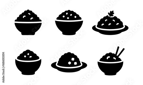 Minimalist silhouette icon collection of bowls with rice and garnishes