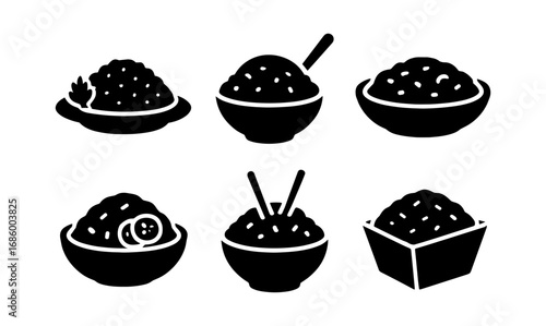 Minimalist black and white silhouettes of rice bowls in various styles and shapes